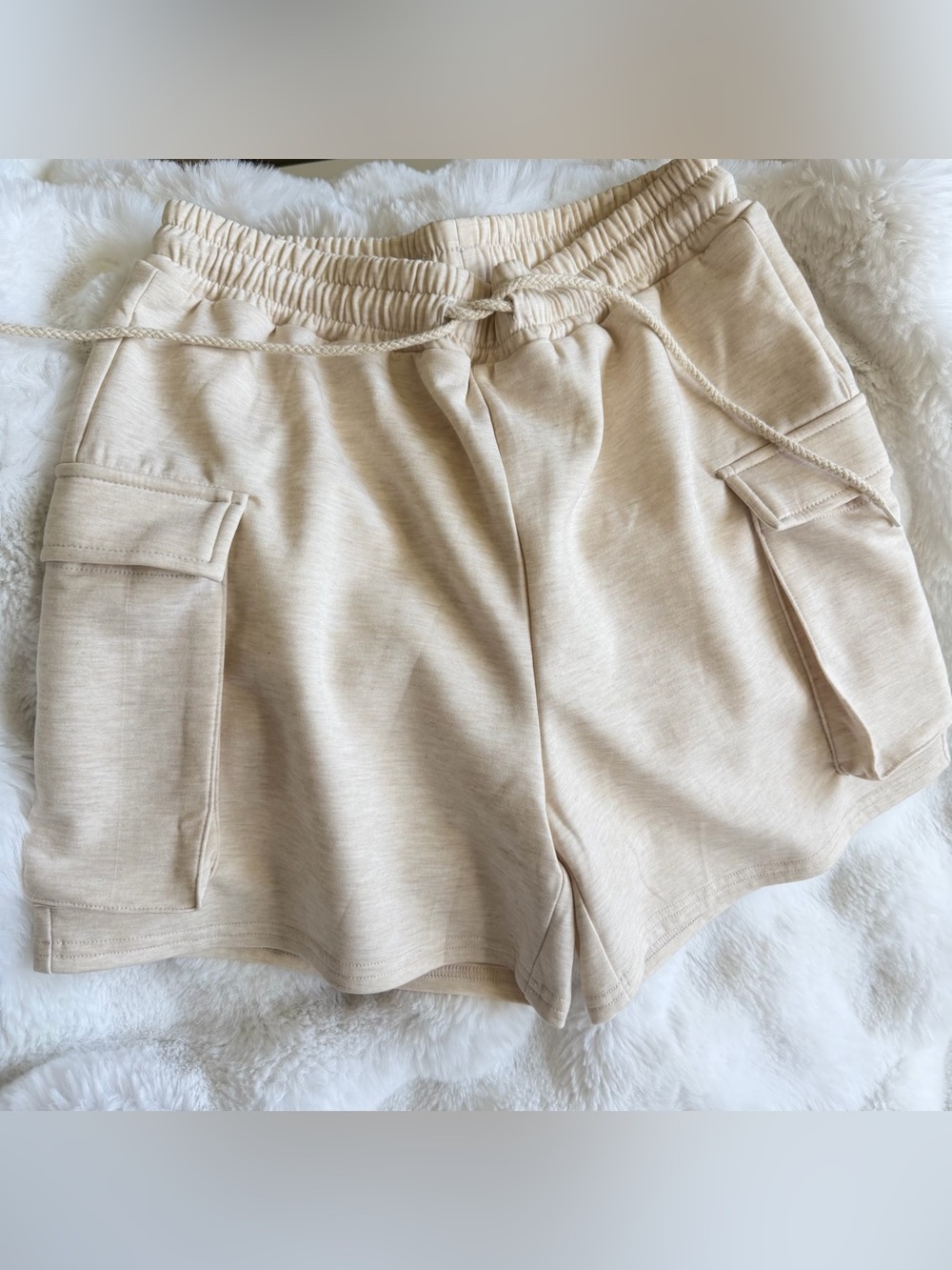 Zenana Outfitters Cream Utility Cargo Drawstring Shorts